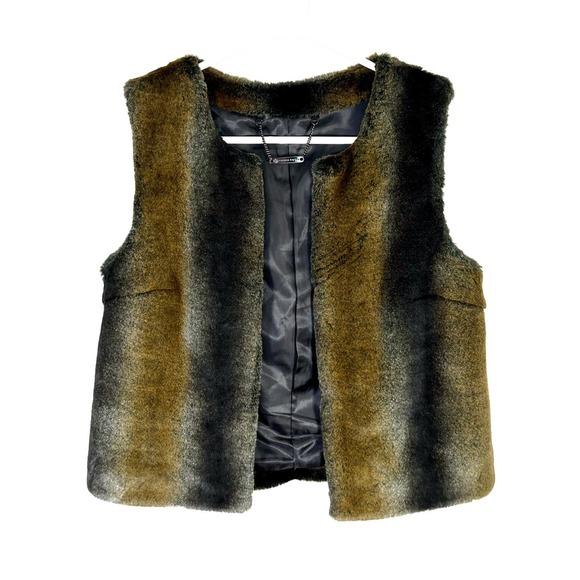 Trina Turk Faux Fur Open Front Vest Brown and Black Wonens Size 2 - Picture 1 of 5